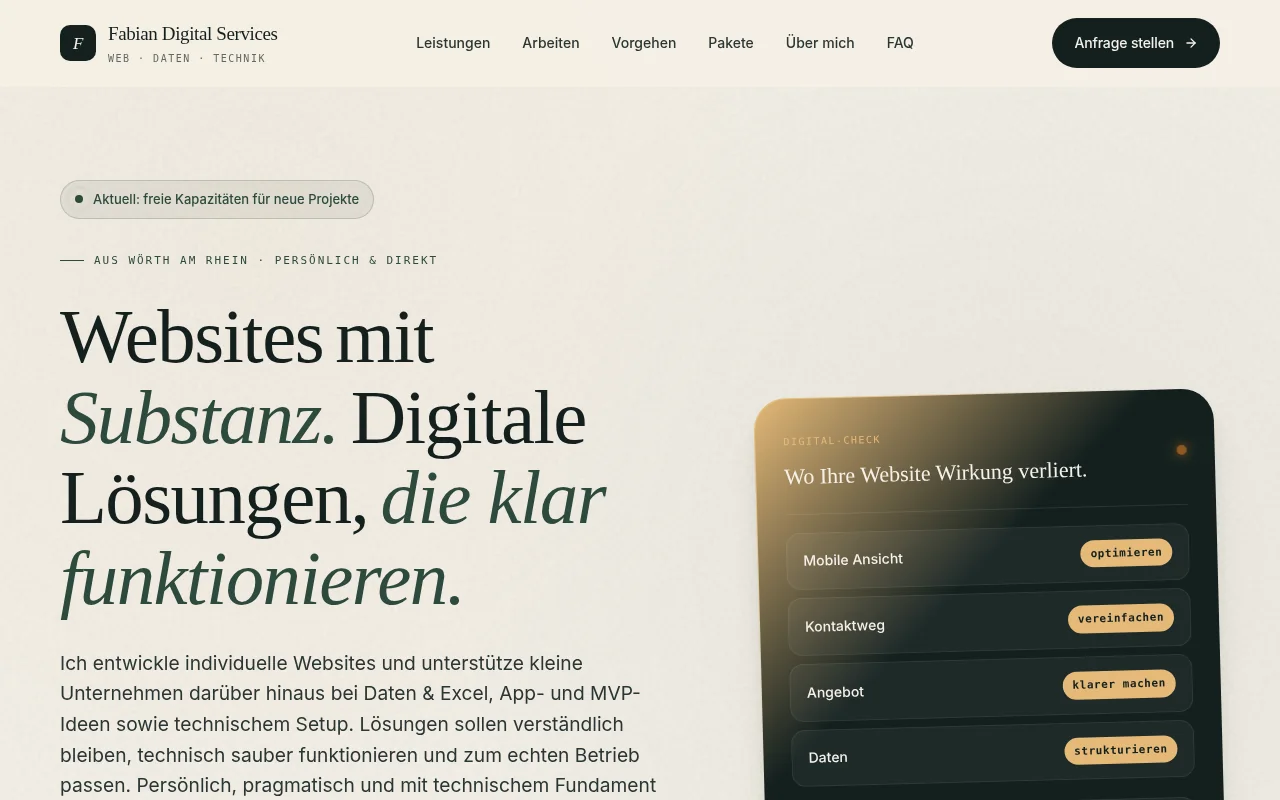 Desktop-Ausschnitt der Website von Fabian Digital Services mit eigenständiger Typografie und Digital-Check