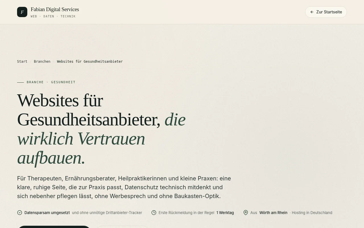 Ausschnitt eines transparent gekennzeichneten Website-Konzepts für Gesundheitsanbieter